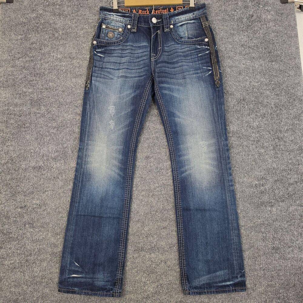 Rock Revival Jeans 32 Junior Straight Distressed Denim Embroidered Casual Work